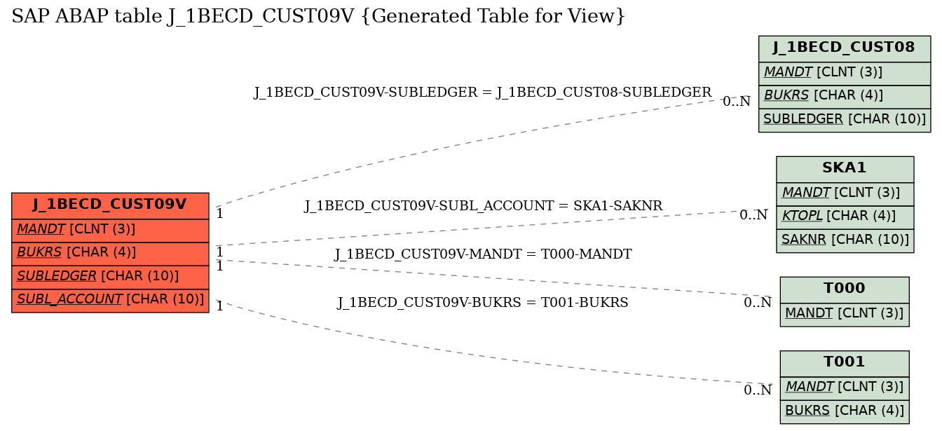 E-R Diagram for table J_1BECD_CUST09V (Generated Table for View)