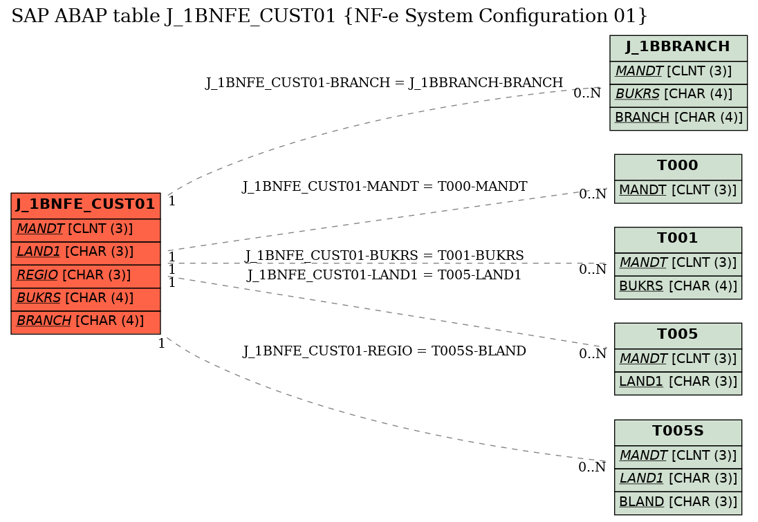 E-R Diagram for table J_1BNFE_CUST01 (NF-e System Configuration 01)