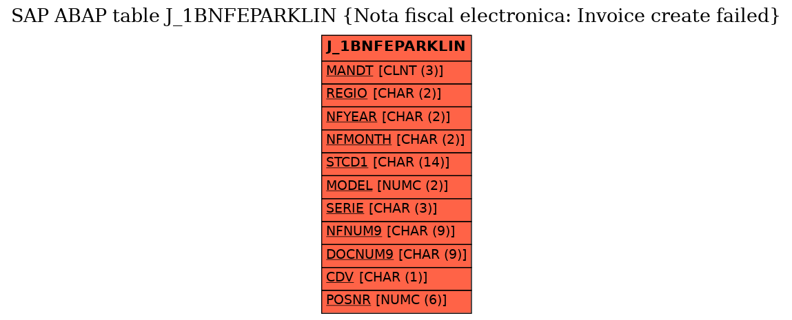 E-R Diagram for table J_1BNFEPARKLIN (Nota fiscal electronica: Invoice create failed)