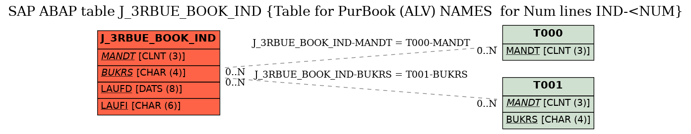 E-R Diagram for table J_3RBUE_BOOK_IND (Table for PurBook (ALV) NAMES  for Num lines IND-<NUM)