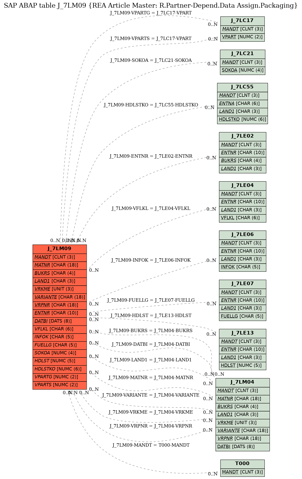 E-R Diagram for table J_7LM09 (REA Article Master: R.Partner-Depend.Data Assign.Packaging)