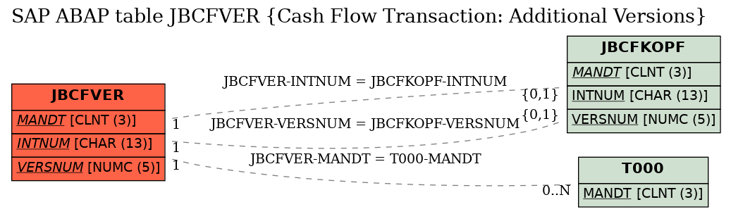 E-R Diagram for table JBCFVER (Cash Flow Transaction: Additional Versions)