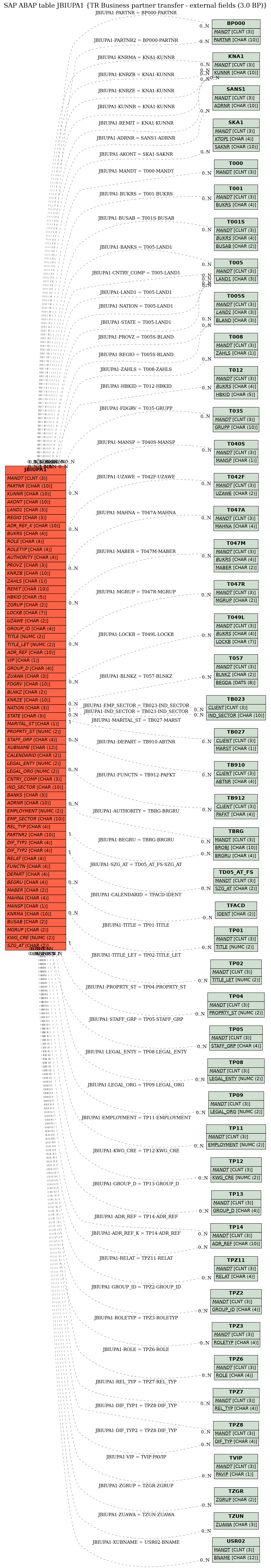 E-R Diagram for table JBIUPA1 (TR Business partner transfer - external fields (3.0 BP))