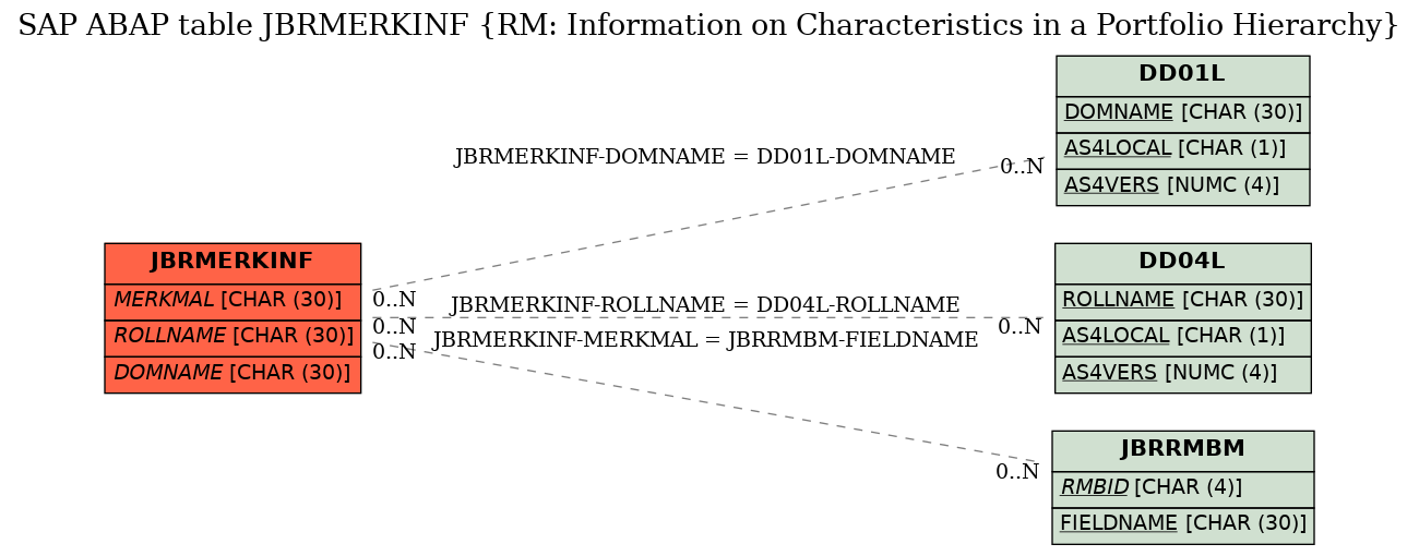 E-R Diagram for table JBRMERKINF (RM: Information on Characteristics in a Portfolio Hierarchy)