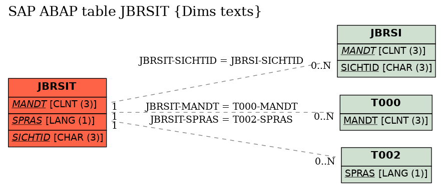 E-R Diagram for table JBRSIT (Dims texts)