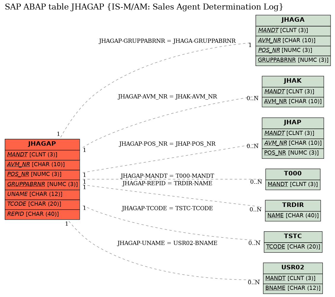 E-R Diagram for table JHAGAP (IS-M/AM: Sales Agent Determination Log)