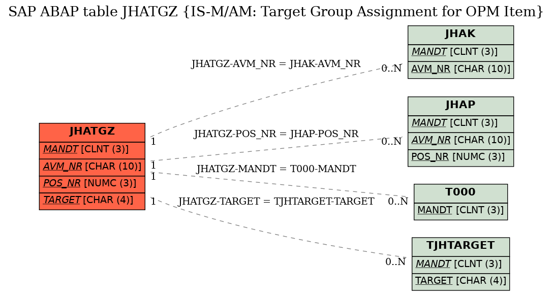 E-R Diagram for table JHATGZ (IS-M/AM: Target Group Assignment for OPM Item)