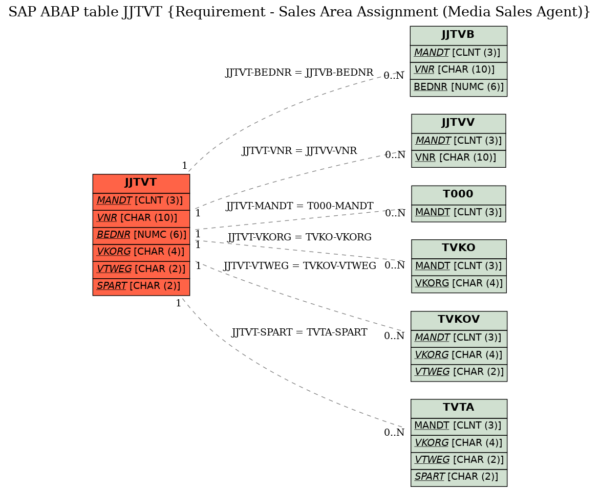 E-R Diagram for table JJTVT (Requirement - Sales Area Assignment (Media Sales Agent))