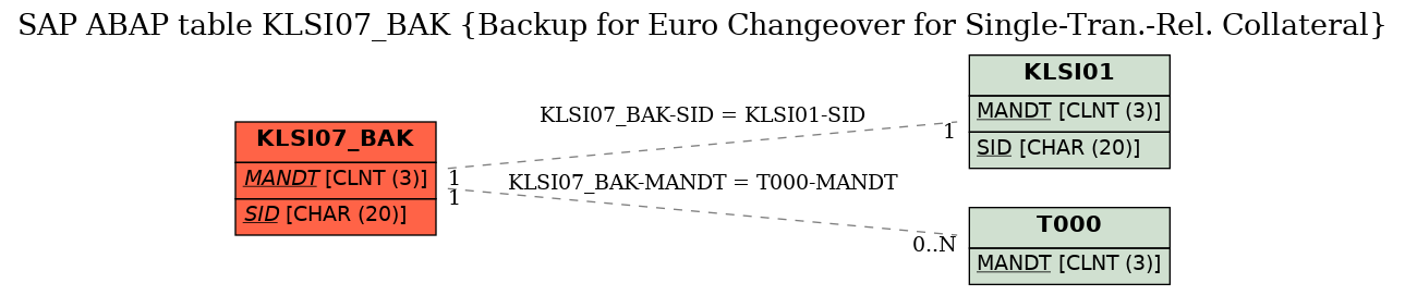 E-R Diagram for table KLSI07_BAK (Backup for Euro Changeover for Single-Tran.-Rel. Collateral)