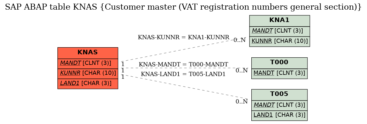 E-R Diagram for table KNAS (Customer master (VAT registration numbers general section))