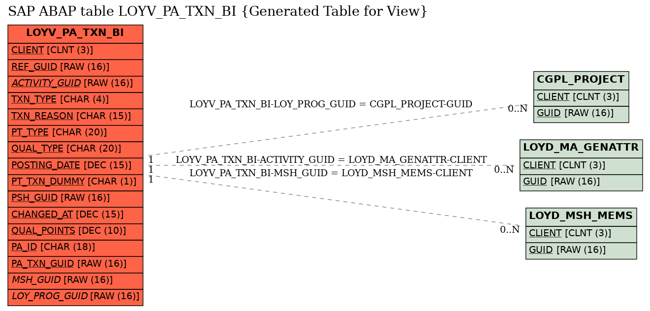 E-R Diagram for table LOYV_PA_TXN_BI (Generated Table for View)