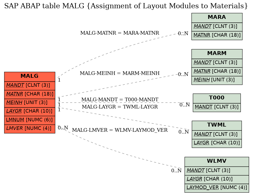 E-R Diagram for table MALG (Assignment of Layout Modules to Materials)