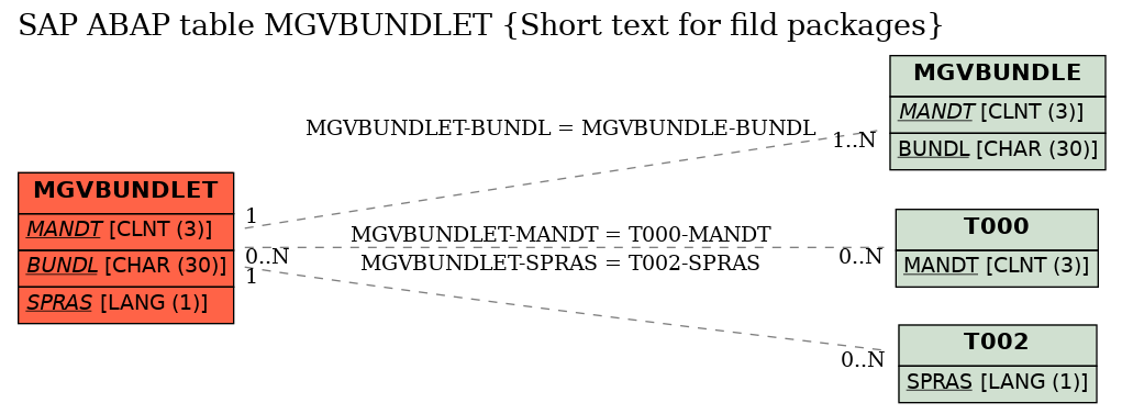 E-R Diagram for table MGVBUNDLET (Short text for fild packages)