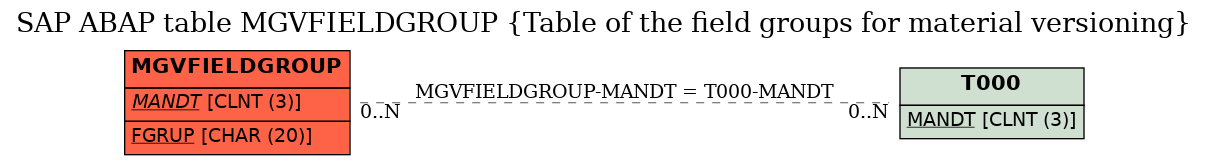 E-R Diagram for table MGVFIELDGROUP (Table of the field groups for material versioning)