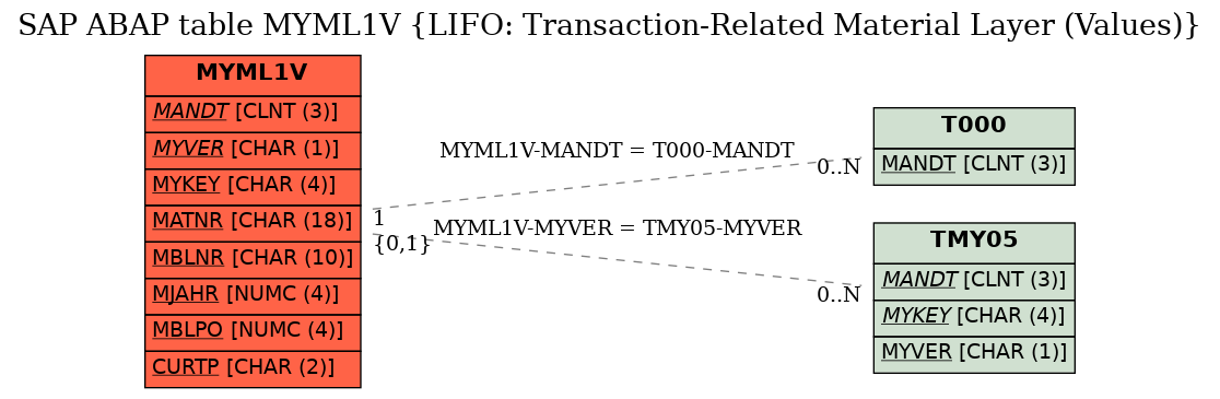 E-R Diagram for table MYML1V (LIFO: Transaction-Related Material Layer (Values))