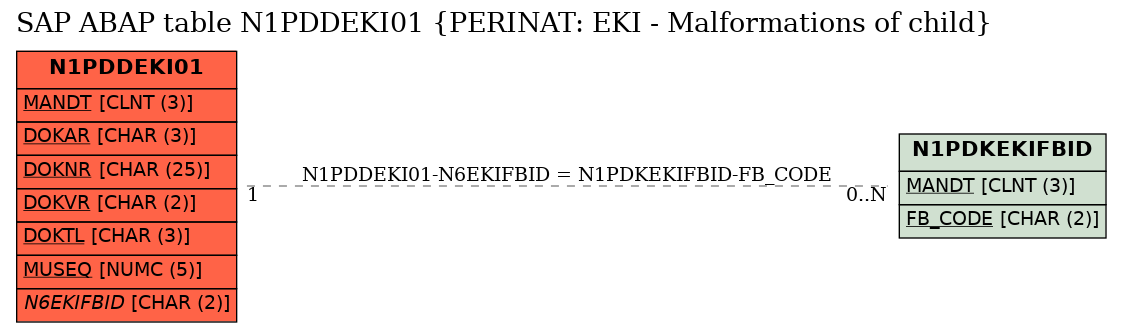 E-R Diagram for table N1PDDEKI01 (PERINAT: EKI - Malformations of child)