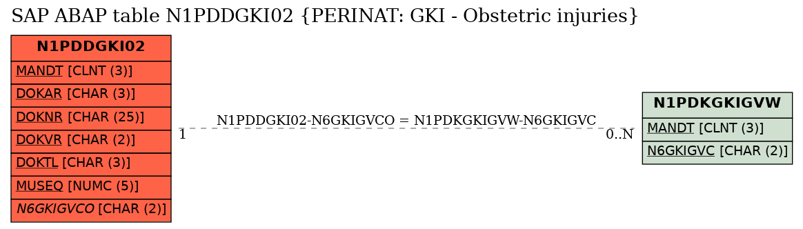 E-R Diagram for table N1PDDGKI02 (PERINAT: GKI - Obstetric injuries)