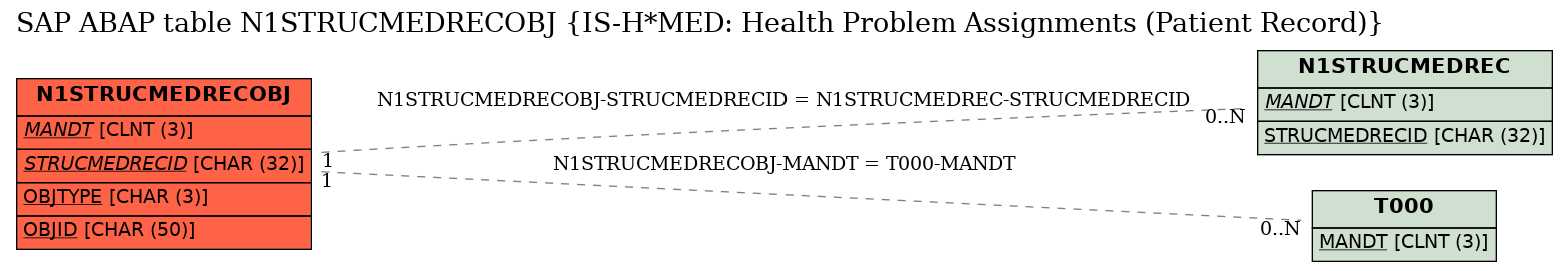 E-R Diagram for table N1STRUCMEDRECOBJ (IS-H*MED: Health Problem Assignments (Patient Record))