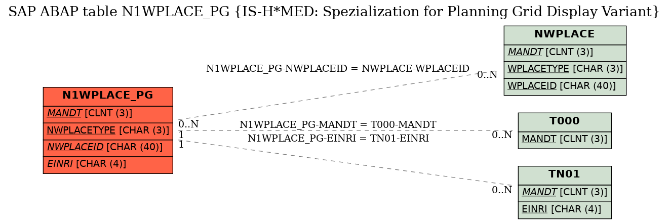 E-R Diagram for table N1WPLACE_PG (IS-H*MED: Spezialization for Planning Grid Display Variant)