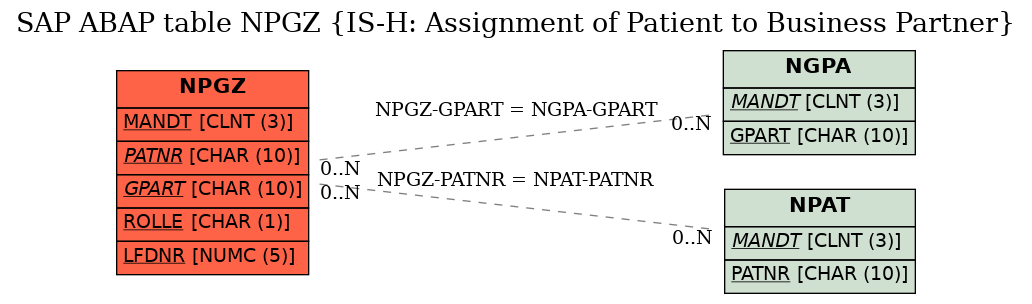 E-R Diagram for table NPGZ (IS-H: Assignment of Patient to Business Partner)