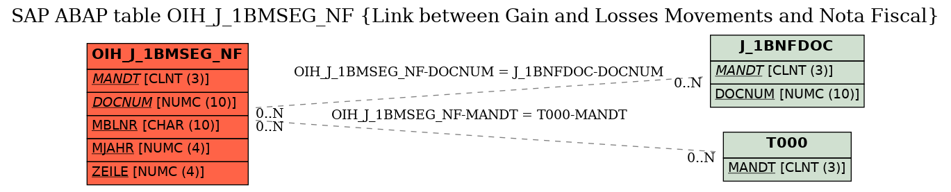 E-R Diagram for table OIH_J_1BMSEG_NF (Link between Gain and Losses Movements and Nota Fiscal)