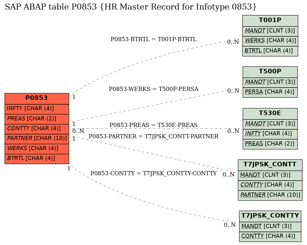 E-R Diagram for table P0853 (HR Master Record for Infotype 0853)