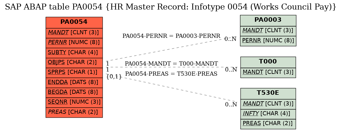 E-R Diagram for table PA0054 (HR Master Record: Infotype 0054 (Works Council Pay))