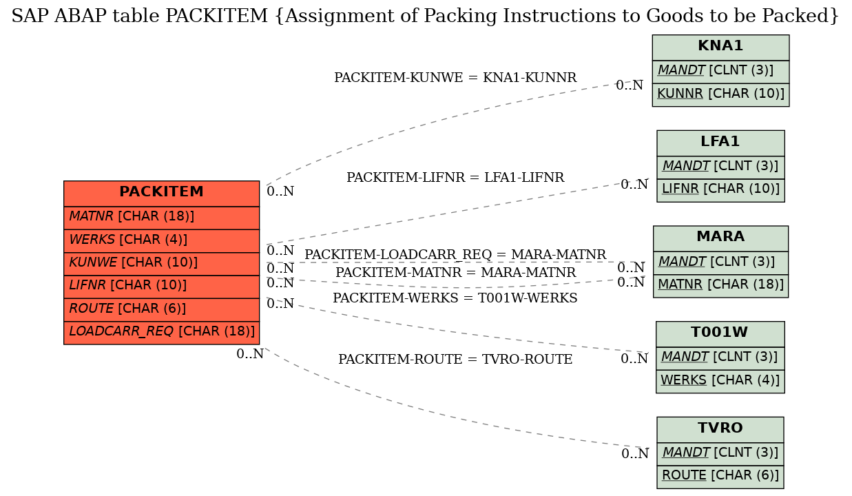 E-R Diagram for table PACKITEM (Assignment of Packing Instructions to Goods to be Packed)