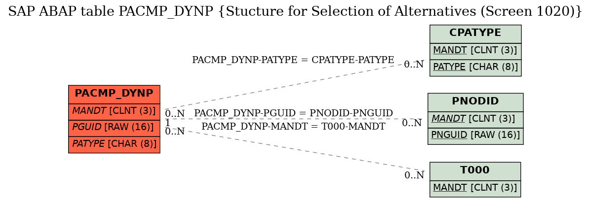 E-R Diagram for table PACMP_DYNP (Stucture for Selection of Alternatives (Screen 1020))