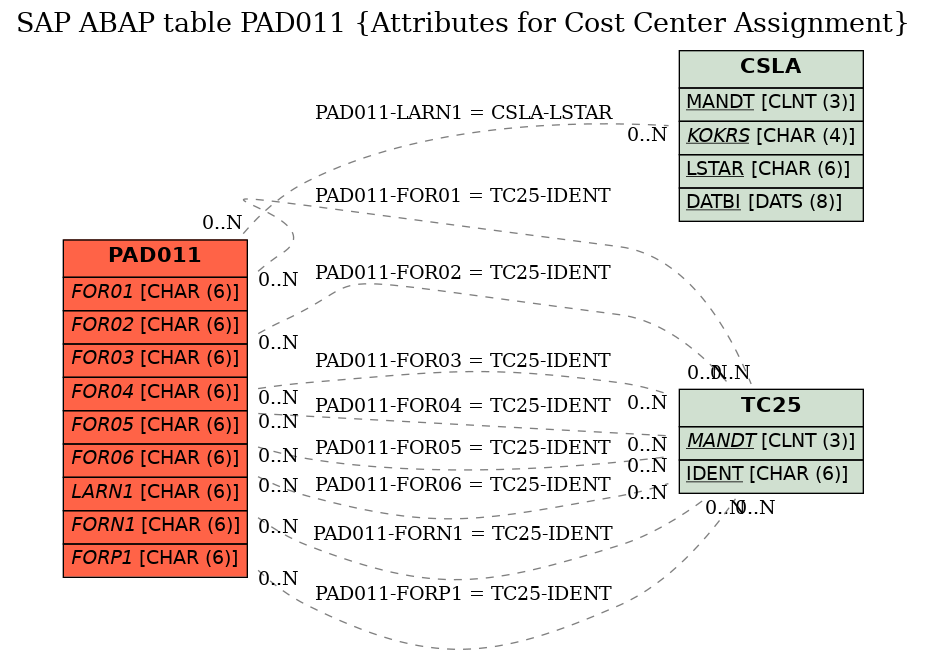 E-R Diagram for table PAD011 (Attributes for Cost Center Assignment)