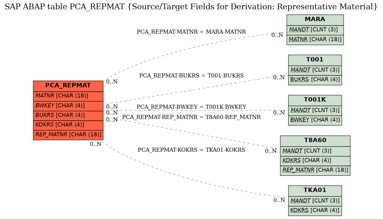 E-R Diagram for table PCA_REPMAT (Source/Target Fields for Derivation: Representative Material)