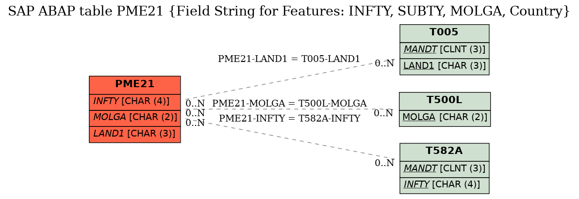 E-R Diagram for table PME21 (Field String for Features: INFTY, SUBTY, MOLGA, Country)