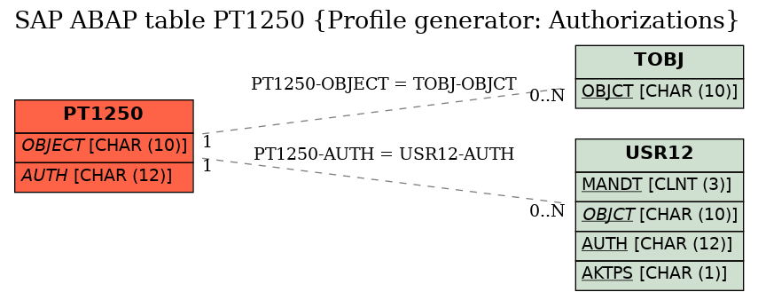 E-R Diagram for table PT1250 (Profile generator: Authorizations)