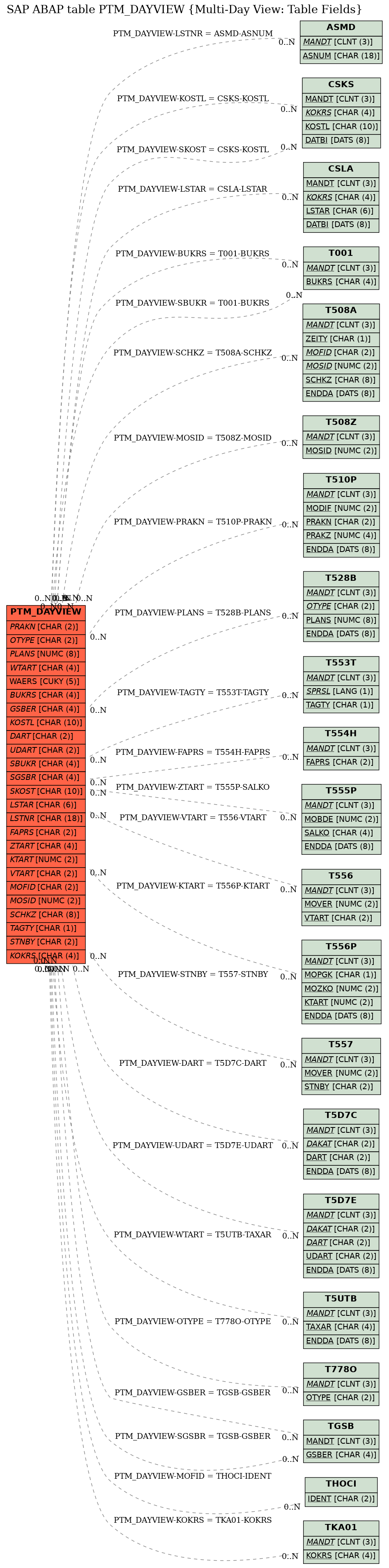 E-R Diagram for table PTM_DAYVIEW (Multi-Day View: Table Fields)