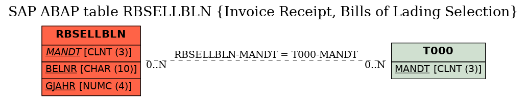 E-R Diagram for table RBSELLBLN (Invoice Receipt, Bills of Lading Selection)