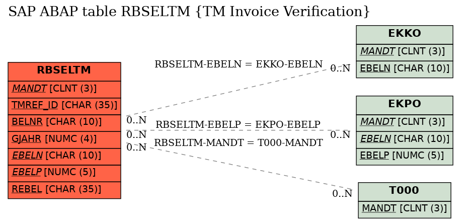 E-R Diagram for table RBSELTM (TM Invoice Verification)