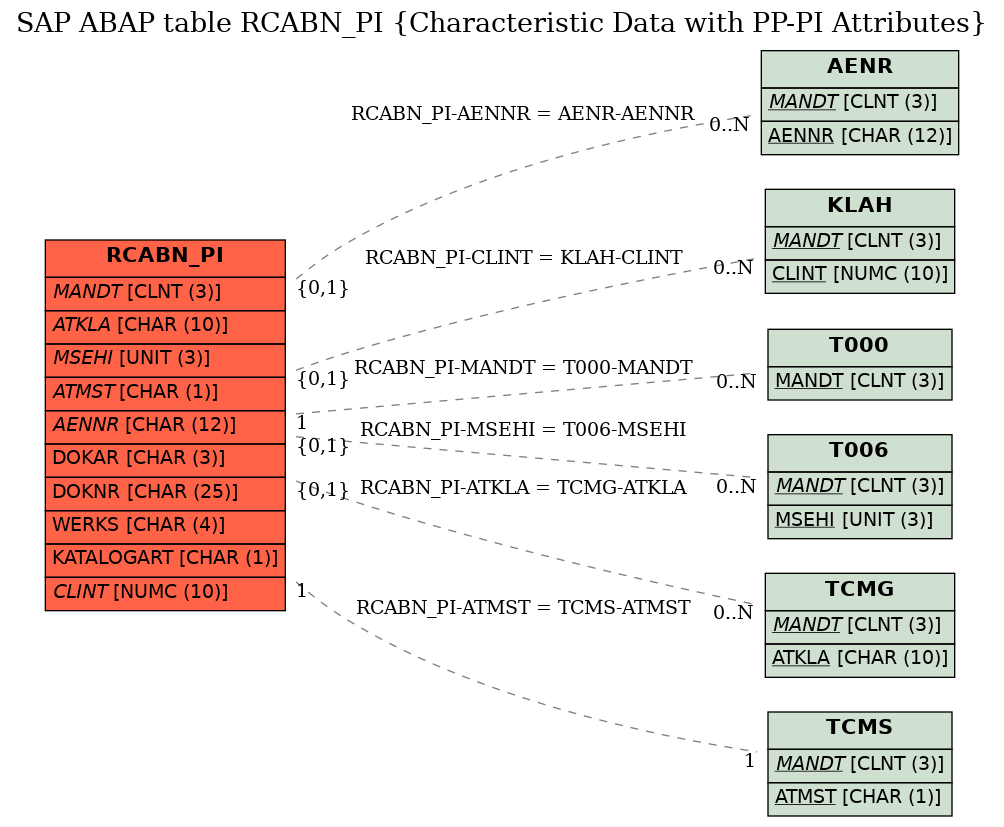 E-R Diagram for table RCABN_PI (Characteristic Data with PP-PI Attributes)