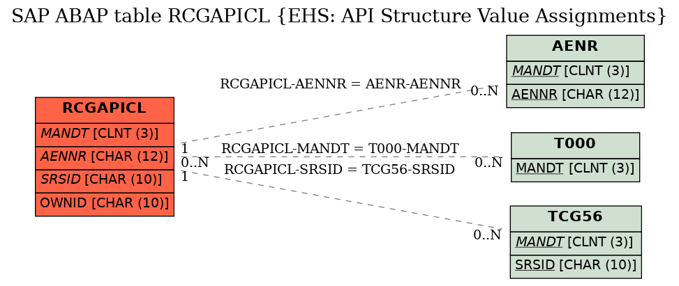 E-R Diagram for table RCGAPICL (EHS: API Structure Value Assignments)