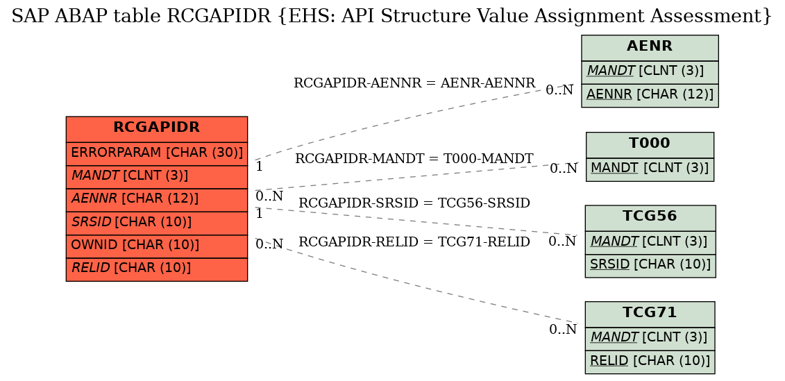 E-R Diagram for table RCGAPIDR (EHS: API Structure Value Assignment Assessment)