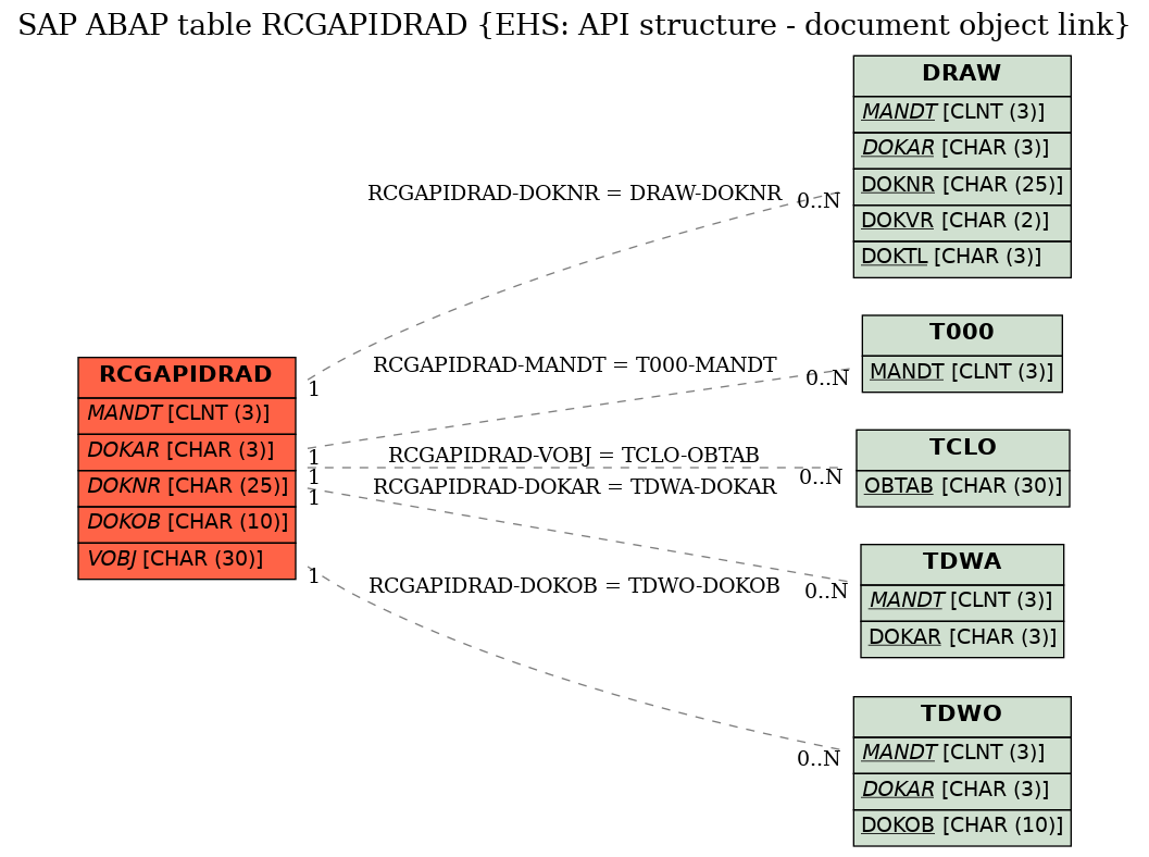 E-R Diagram for table RCGAPIDRAD (EHS: API structure - document object link)