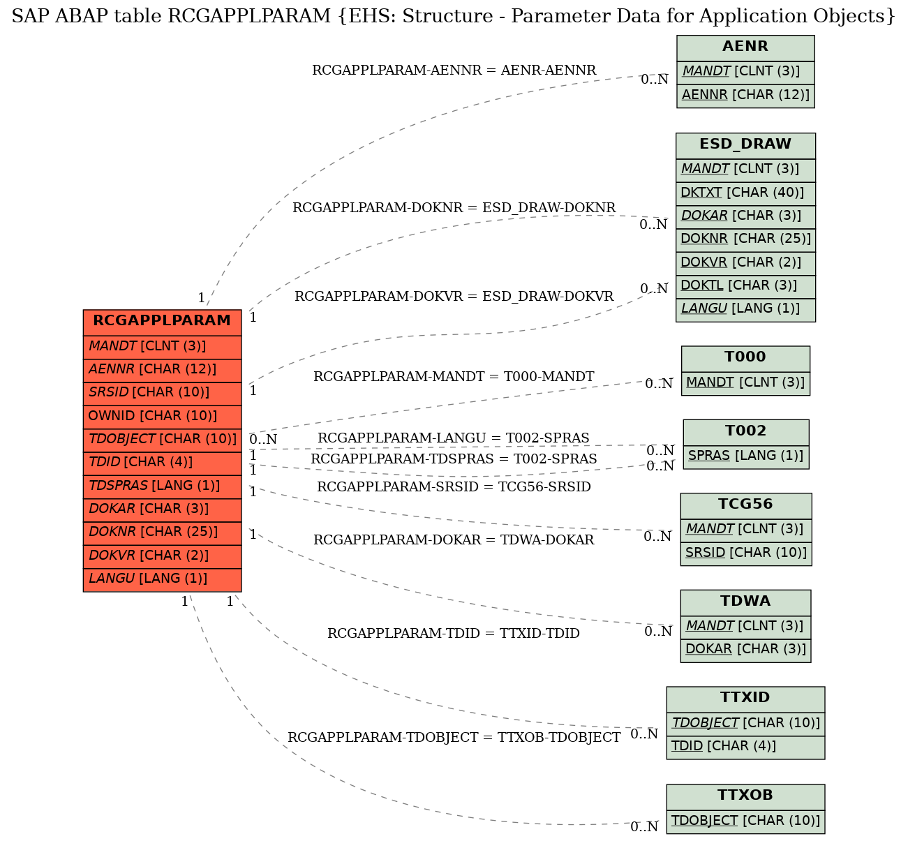 E-R Diagram for table RCGAPPLPARAM (EHS: Structure - Parameter Data for Application Objects)