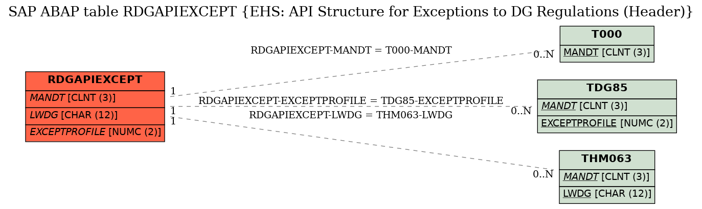 E-R Diagram for table RDGAPIEXCEPT (EHS: API Structure for Exceptions to DG Regulations (Header))