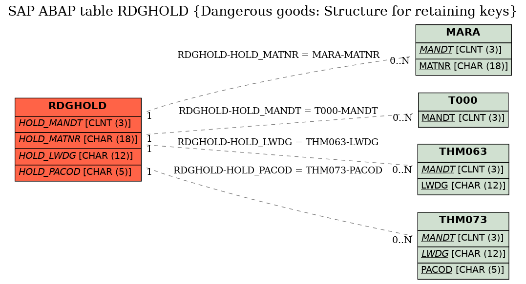 E-R Diagram for table RDGHOLD (Dangerous goods: Structure for retaining keys)