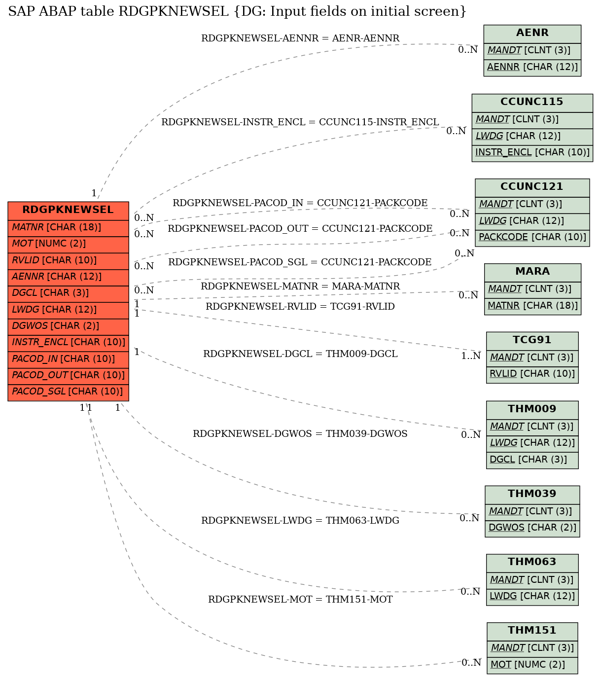 E-R Diagram for table RDGPKNEWSEL (DG: Input fields on initial screen)