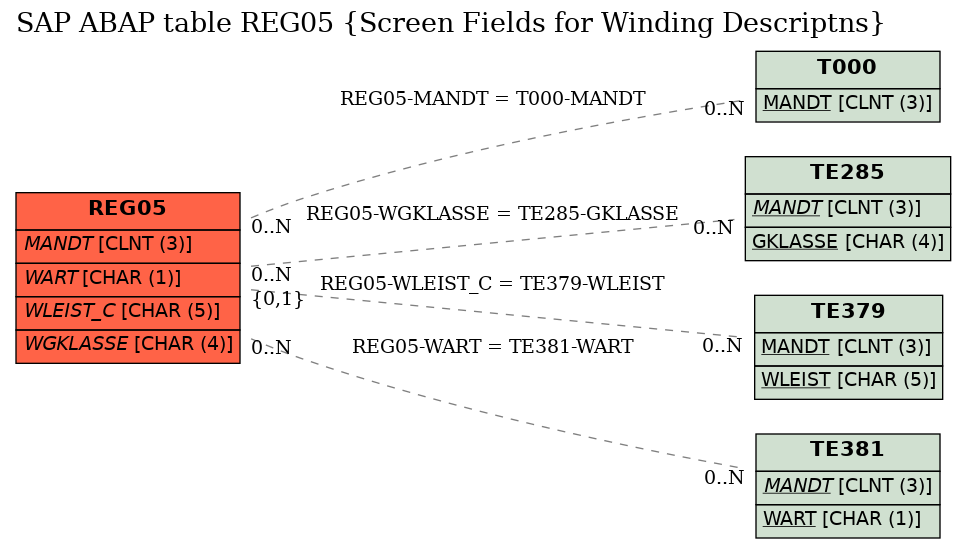 E-R Diagram for table REG05 (Screen Fields for Winding Descriptns)