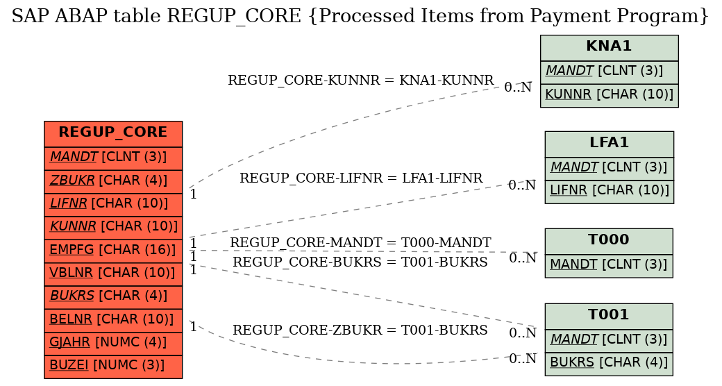 E-R Diagram for table REGUP_CORE (Processed Items from Payment Program)