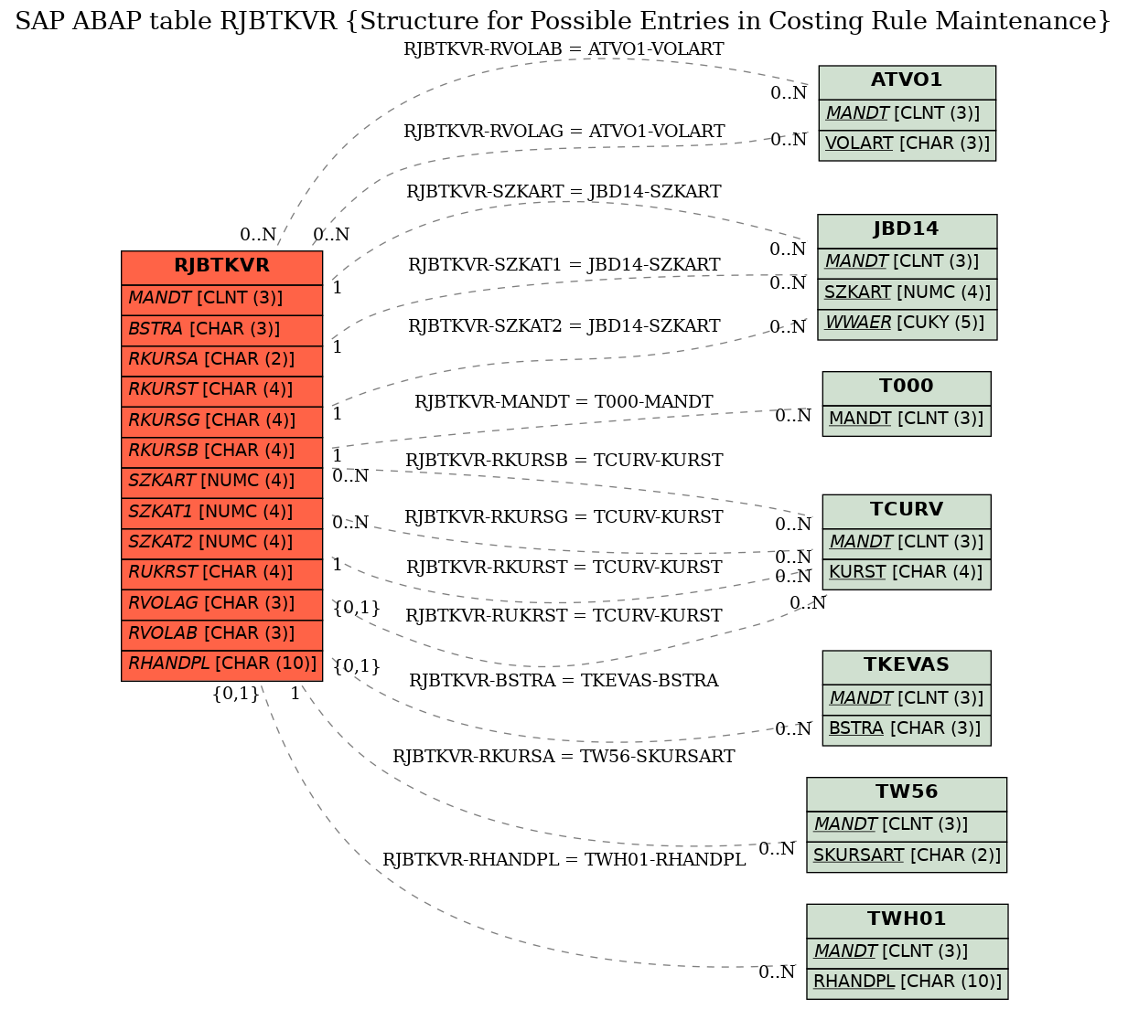 E-R Diagram for table RJBTKVR (Structure for Possible Entries in Costing Rule Maintenance)