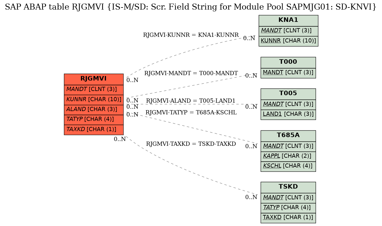 E-R Diagram for table RJGMVI (IS-M/SD: Scr. Field String for Module Pool SAPMJG01: SD-KNVI)