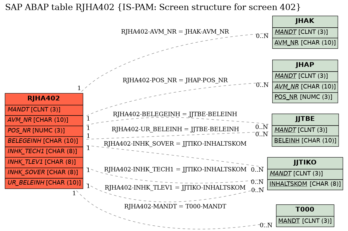 E-R Diagram for table RJHA402 (IS-PAM: Screen structure for screen 402)