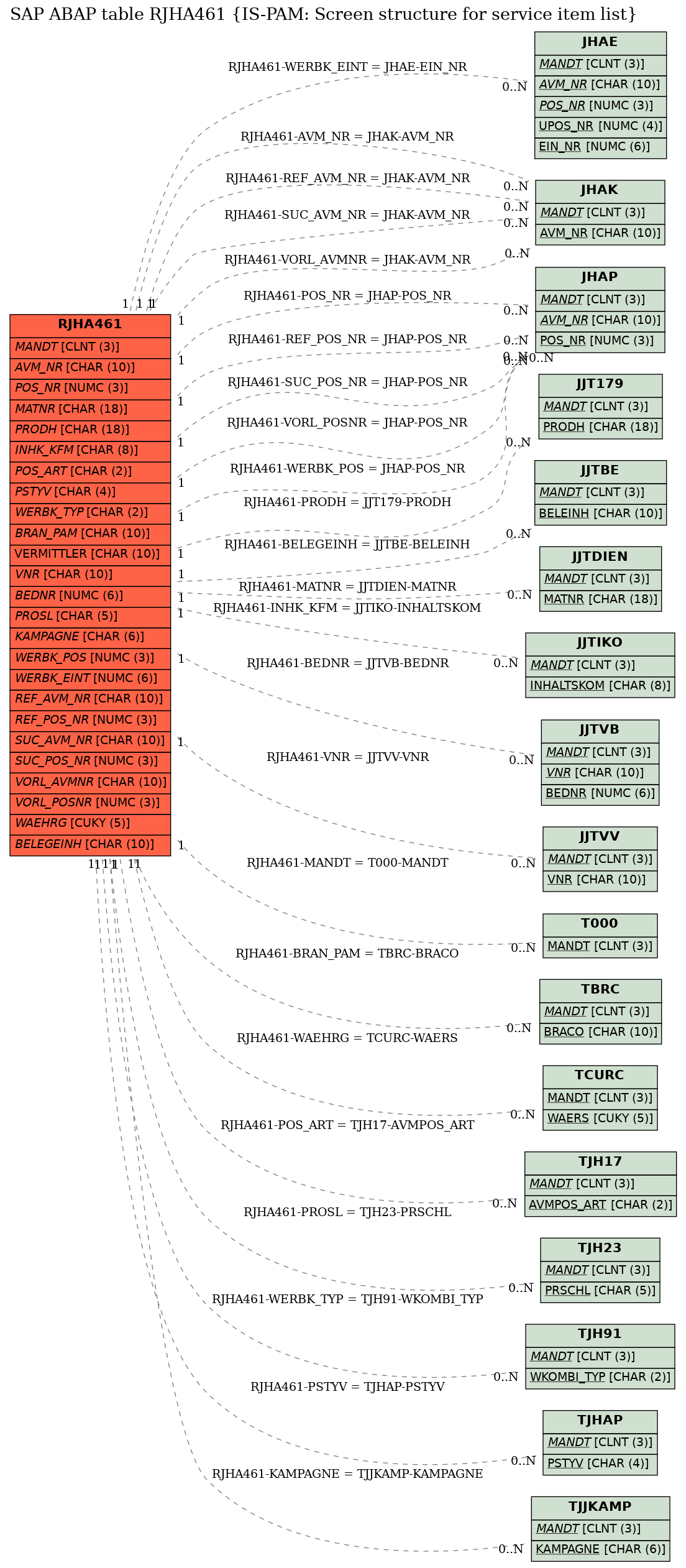 E-R Diagram for table RJHA461 (IS-PAM: Screen structure for service item list)